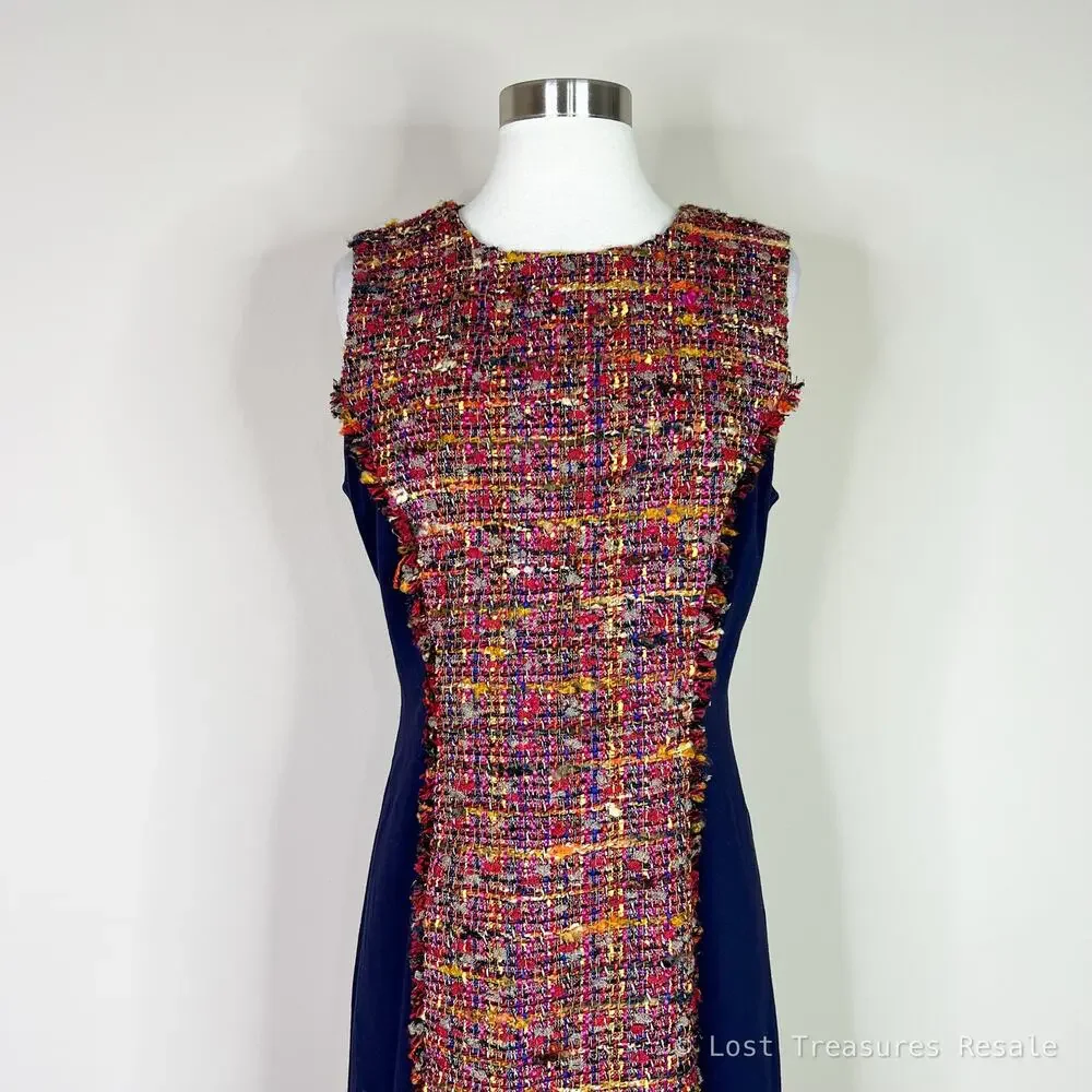 NEW DVF | Jacey Tweed Fringe Navy Blue Red Sleeveless Designer Sheath Dress 10